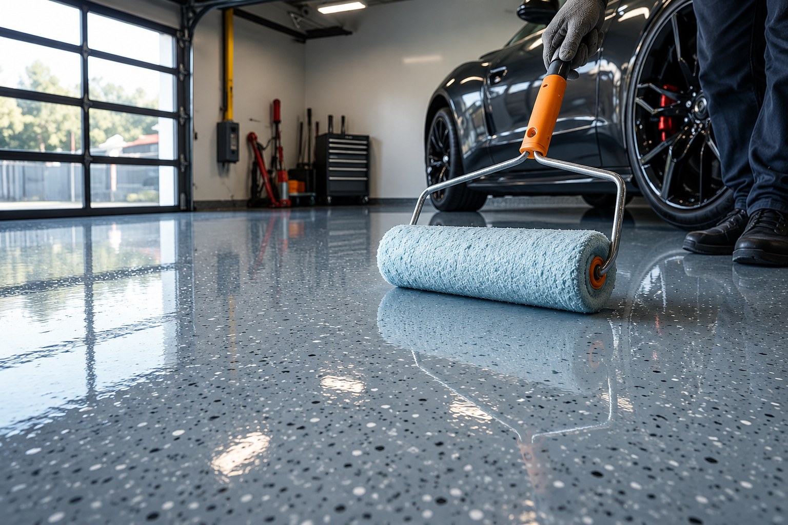 Garage epoxy floor being professionally applied
