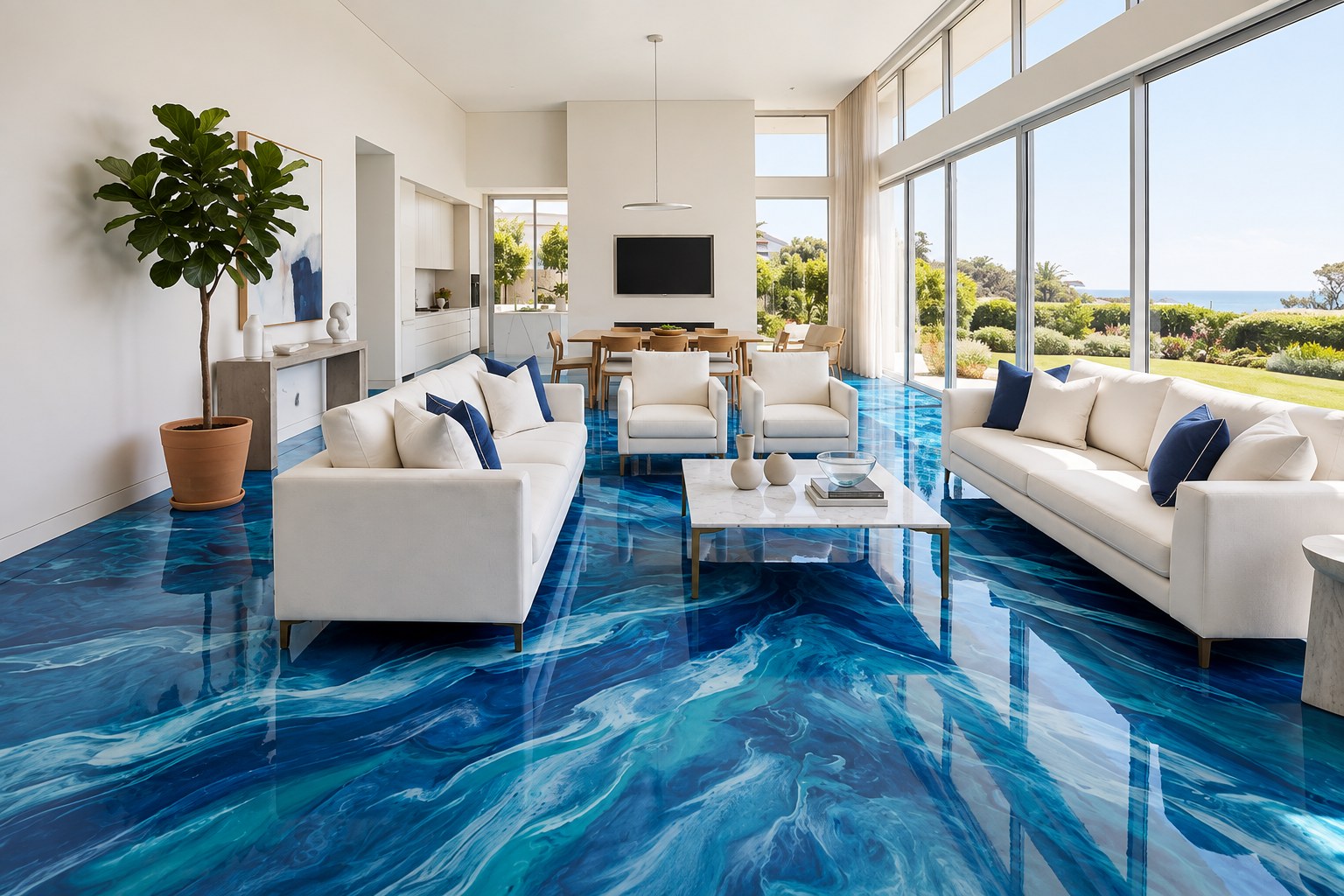 Blue decorative epoxy flooring in a modern living space