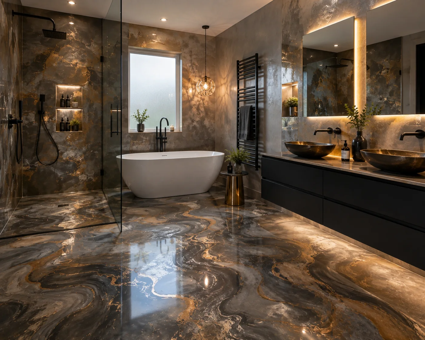 Luxury metallic epoxy bathroom surfaces
