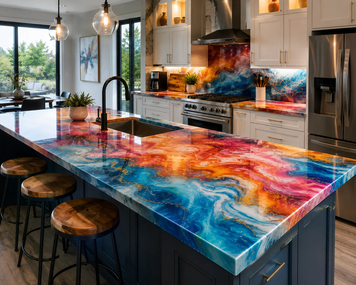 Colourful custom epoxy countertop in a modern kitchen