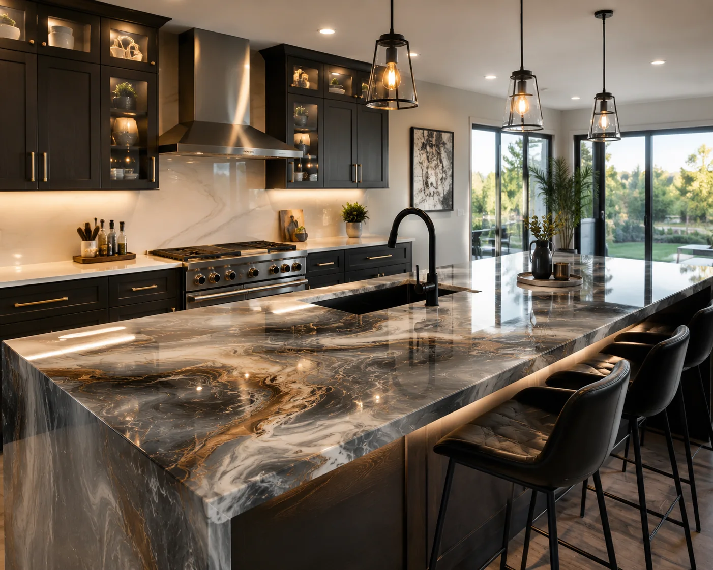 Dark luxury epoxy countertop in a modern kitchen
