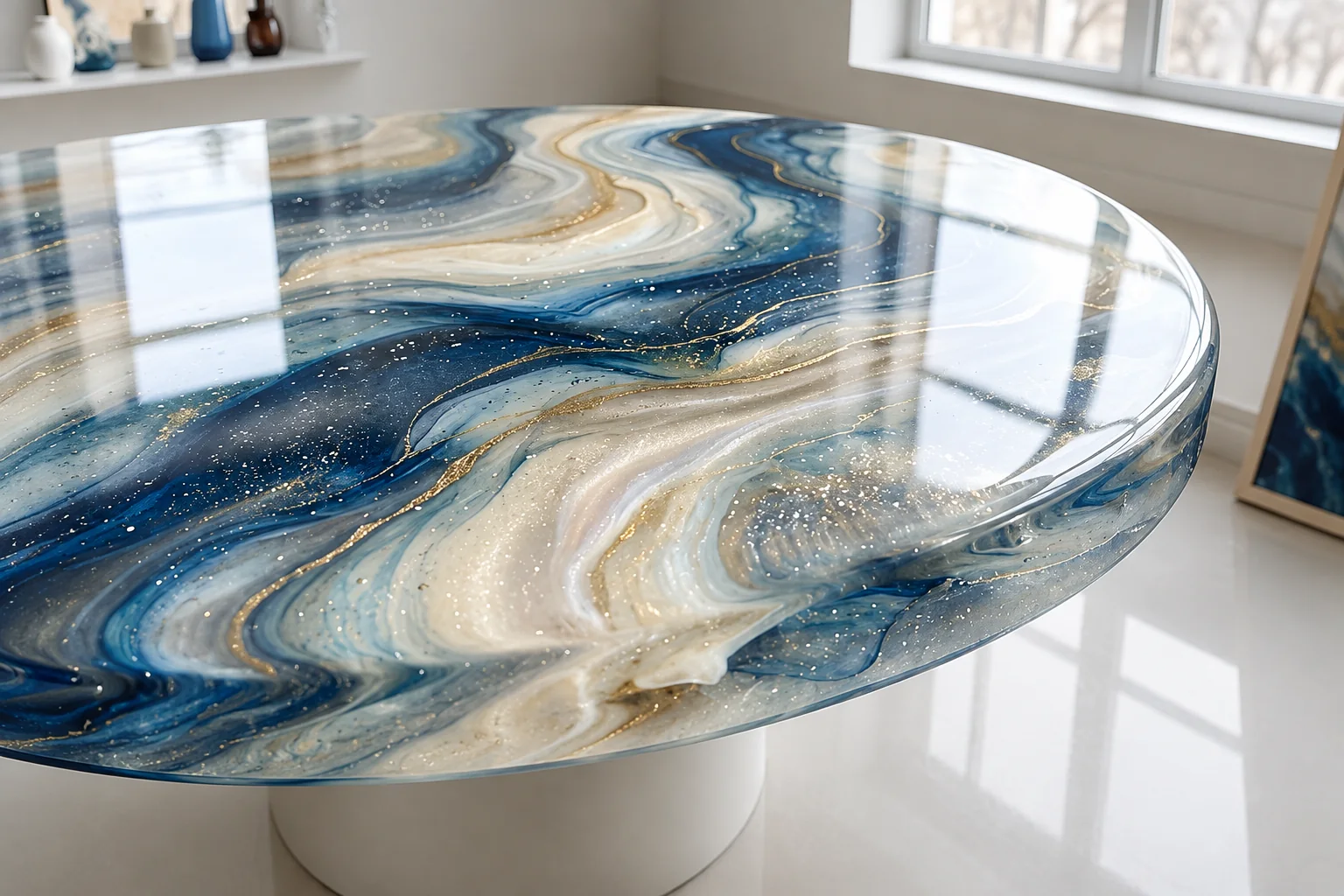 Blue white and gold custom epoxy feature table