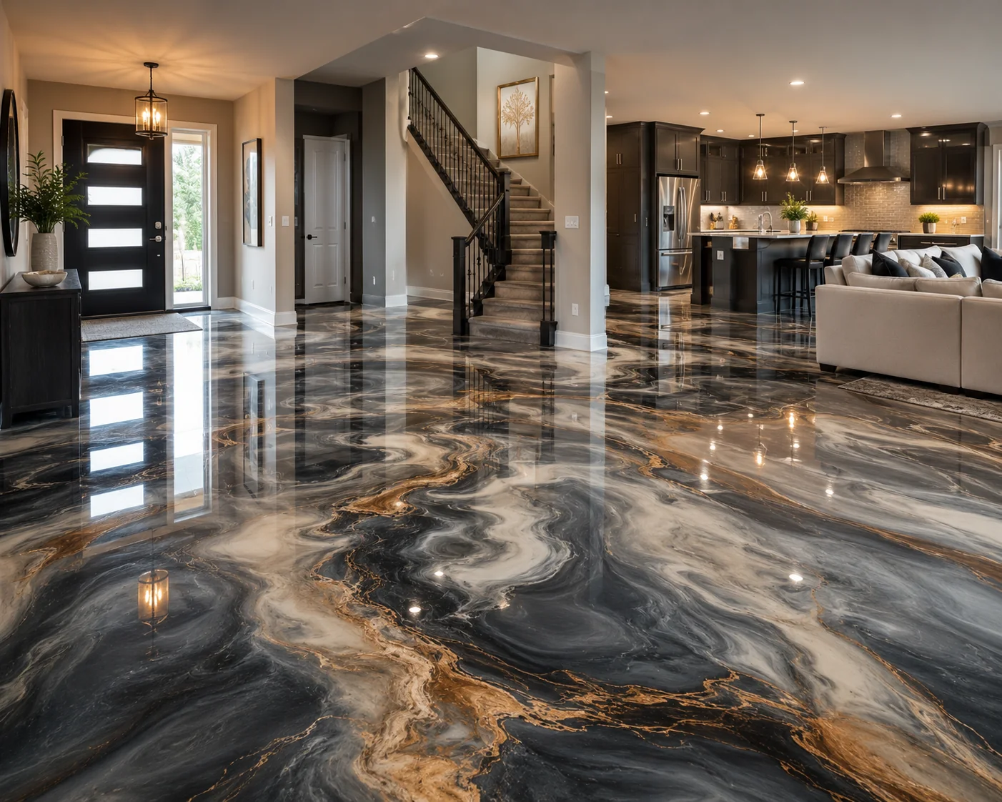 Dark grey black and gold metallic epoxy flooring in a modern home