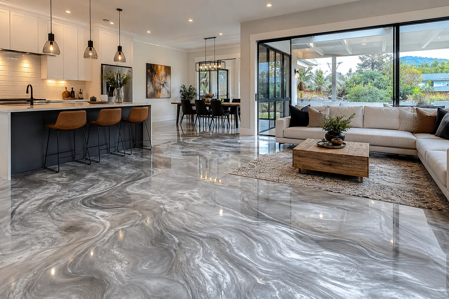 Luxury grey metallic epoxy flooring throughout an open-plan home