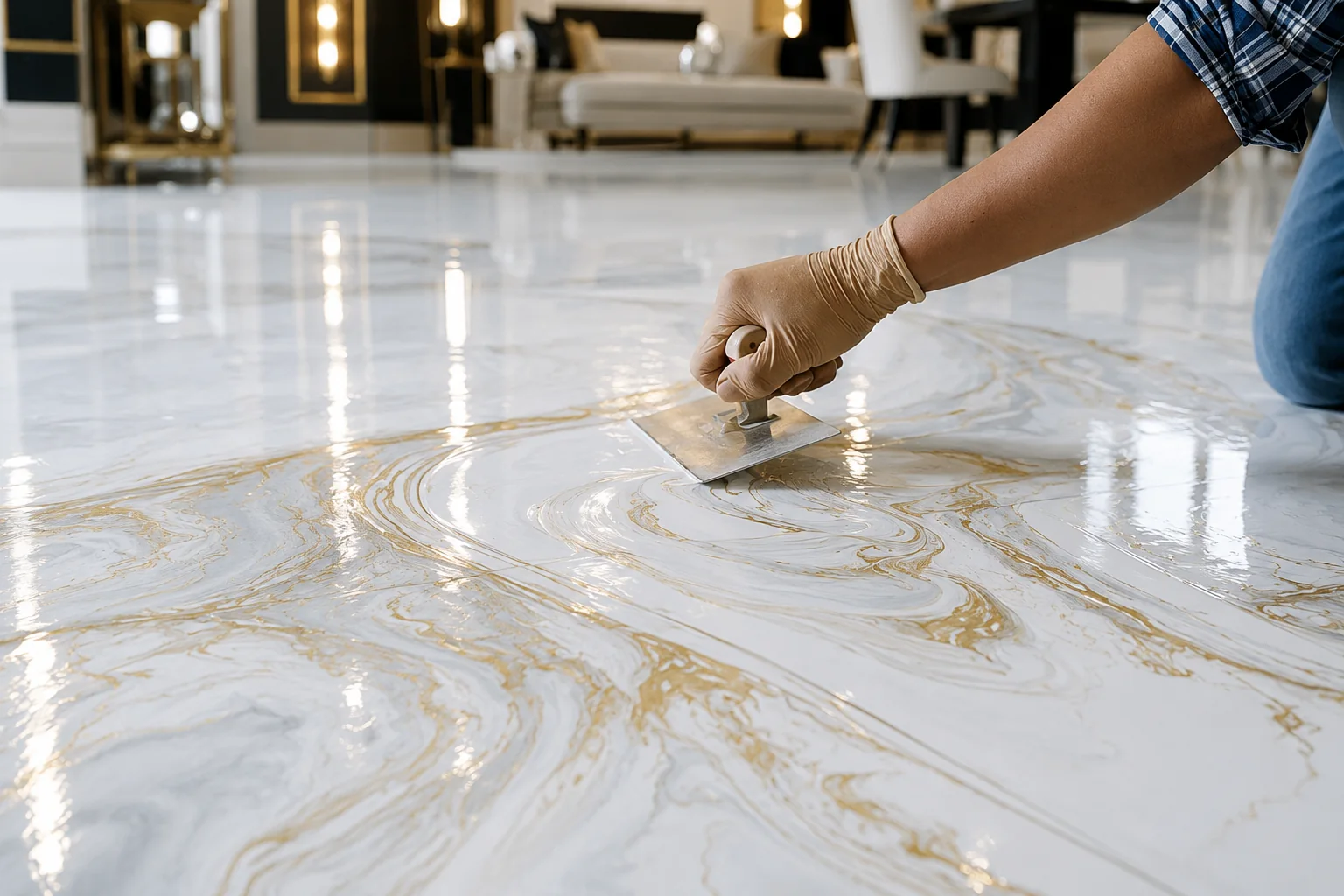 Decorative epoxy being hand worked during application