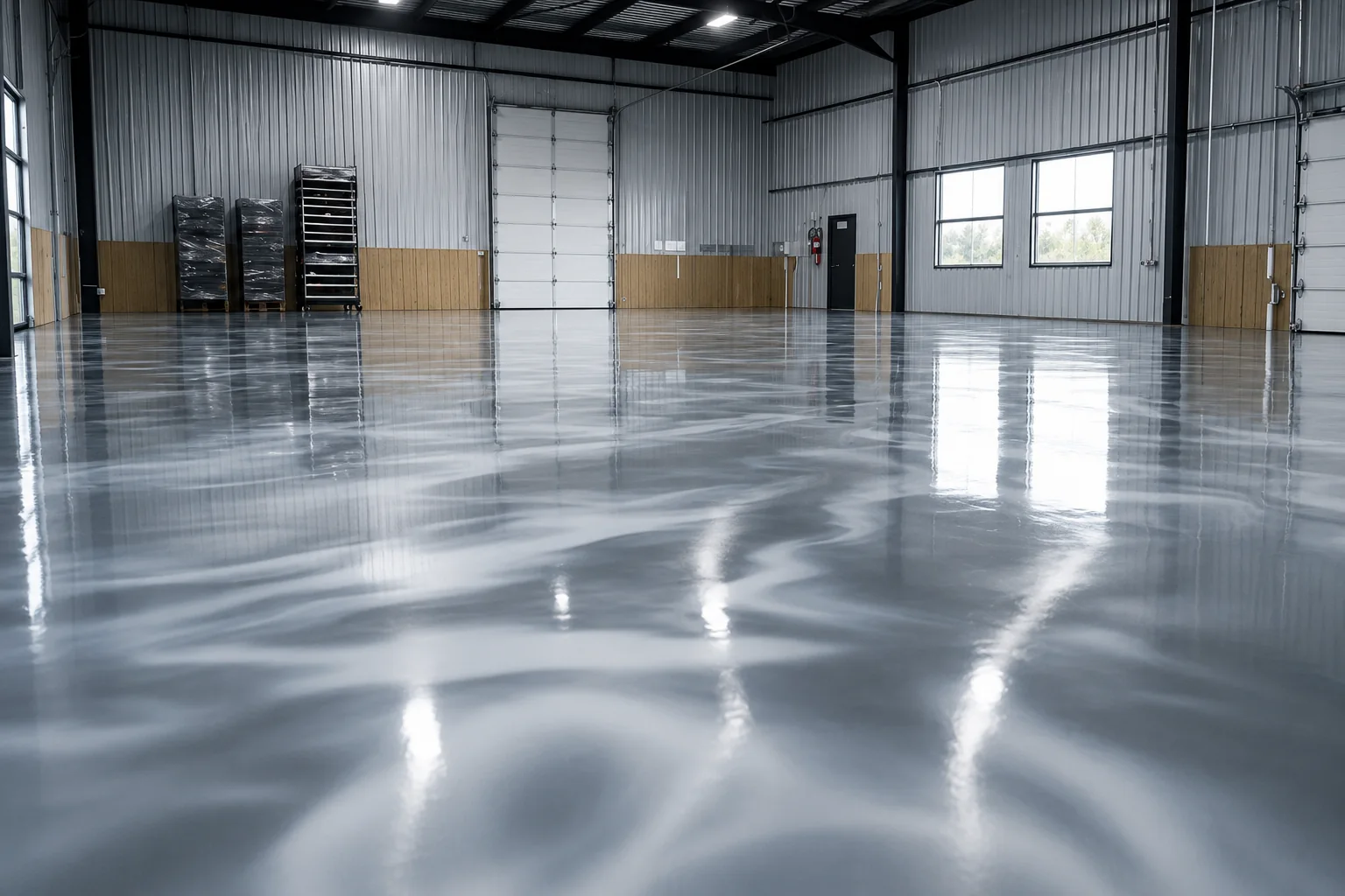 Finished metallic epoxy floor across a large commercial space